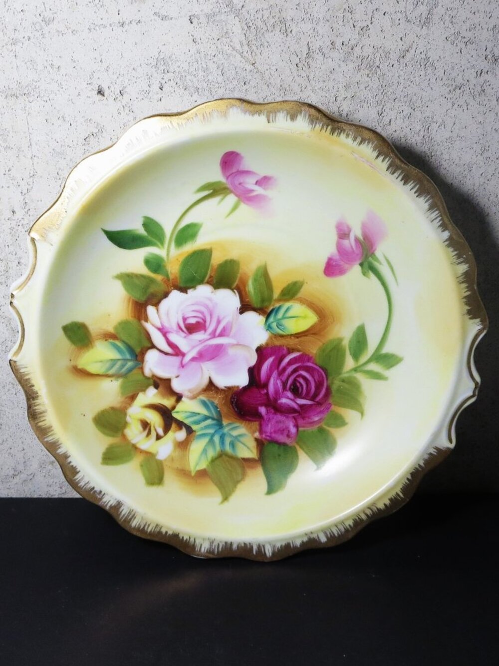 Vintage Enesco Japan Floral Rose Serving Dish Yellow Gold Trim Scalloped